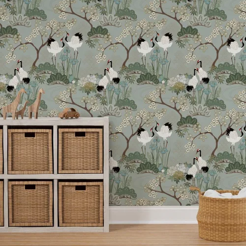 Vista 7 de Spoonflower Crane Chinoiserie - Papel tapiz extraíble para despegar y pegar Rollo de 24 x 72 pulgadas Jardines florales de pájaros y flores