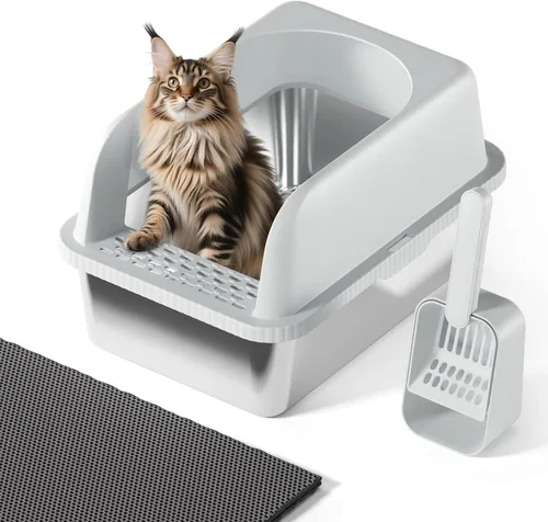 Vista 16 de Caja de arena para gatos de acero inoxidable con tapa, 20 pulgadas de largo x 14.2 pulgadas de ancho x 11.8 pulgadas de alto, caja de arena grande