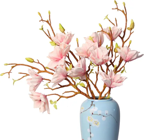 Vista 10 de 3 piezas de ramas de flores artificiales de magnolia, tallo de 31 pulgadas de largo, flores artificiales de imitación premium para decoración