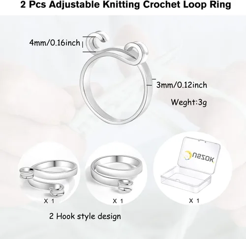Vista 4 de Juszok Anillo de ganchillo ajustable para dedo, anillo de tejer trenzado con caja de plástico, anillos de tensión para tejer, accesorios de tejer, 2