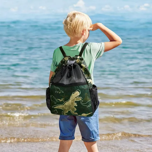 Vista 7 de WAWSAM Mochila con cordón para niños - Bolsa de malla con cordón para niños, Dinosaurio verde oscuro, Dinosaurio
