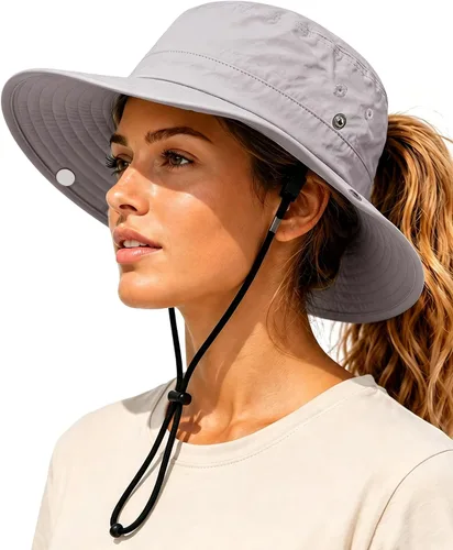 Vista 7 de Sombrero de sol para mujer con agujero para cola de caballo, ala ancha, UPF 50+, impermeable, plegable, con correa para la barbilla, para Blanco