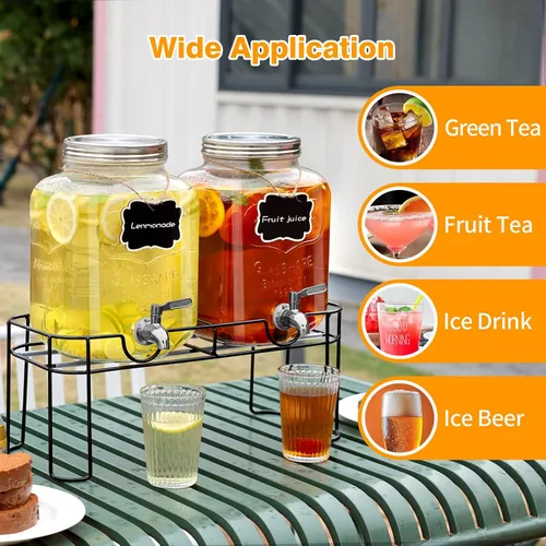 Vista 5 de Dispensador de bebidas de vidrio de 1.6 galones, 2 piezas dispensador de bebidas con soporte, dispensador de limonada con grifo de acero inoxidable