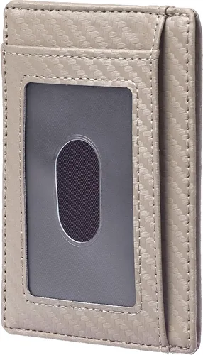 Vista 3 de Travelambo Cartera delgada de cuero minimalista con bolsillo frontal RFID con textura de fibra de carbono, Azul