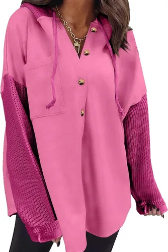 Vista 15 de SHEWIN - Sudadera de gran tamaño para mujer, de ajuste holgado, casual, manga larga, con botones, con capucha y bolsillos a gris