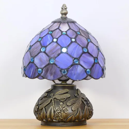 Vista 6 de Pequeña Lámpara Tiffany Mini Lámpara de Mesa de Vidrio Manchado Estilo Perla Púrpura Seta Lámpara de Acento 8X11 Pulgadas