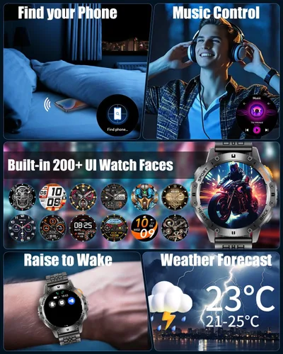 Vista 9 de Relojes inteligentes militares para hombre con llamada Bluetooth, reloj inteligente AMOLED impermeable de 1.43 pulgadas con linterna, 111 modos