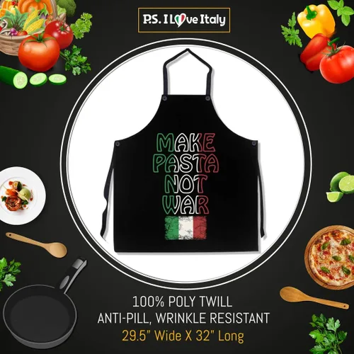 Vista 2 de P.S. I Love Italy Delantal Make Pasta Not War - Delantales con peto geniales y lindos con temática italiana para hombres y mujeres, Negro