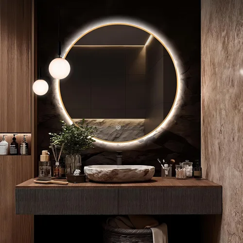 Vista 21 de Espejo de Baño LED Redondo de 24", Espejo de Tocador Retroiluminado Montado en Pared con Marco Biselado de 45°, Espejo Iluminado para Dormitorio