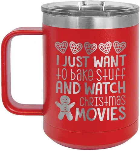 Vista 5 de I JUST WANT TO BAKE STUFF WATCH CHRISTMAS MOVIES Taza de café verde de 15 onzas con tapa deslizante Taza de café de viaje aislada Divertidas
