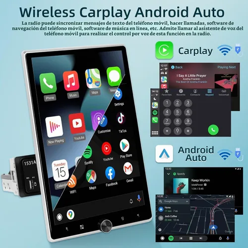 Vista 3 de [2+64G] Estéreo Android de un solo DIN para automóvil, radio de pantalla táctil giratoria de 10.4 pulgadas con Carplay inalámbrico y Android Auto