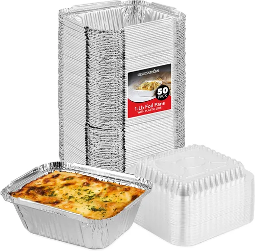 Vista 10 de Stock Your Home Sartenes pequeños de aluminio de 1 libra con tapas de plástico transparente (paquete de 100), utensilios de cocina desechables