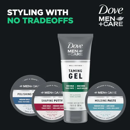 Vista 7 de DOVE MEN + CARE Gel de peinado de 3 unidades de gel para domar el cabello para una sujeción fuerte, producto de peinado para un cabello más grueso