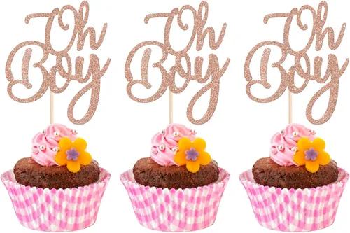 Vista 8 de Rsstarxi Paquete de 24 adornos para cupcakes con purpurina dorada para baby shower, revelación de género It's A Boy Cupcake Picks para celebrar baby