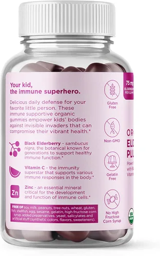 Vista 6 de Hyland's Gomitas orgánicas de saúco Plus para niños, bayas de saúco negro orgánicas con zinc y vitamina C, apoyo inmunológico para niños, 48 gomitas