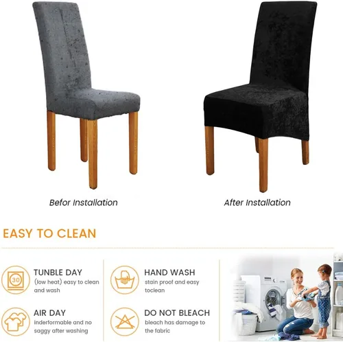 Vista 4 de Fundas para silla de terciopelo triturado, fundas protectoras elásticas y extraíbles para sillas XL, para comedor, ceremonia, banquete, boda Negro