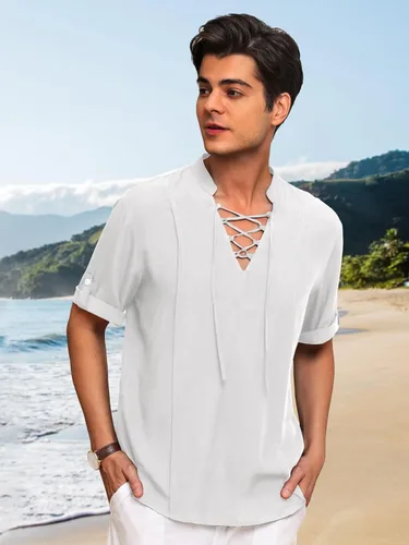 Vista 2 de HANXMEN Camisas Henley de lino para hombre, manga corta, casual, cuello en V, para verano, playa, hippie, con cordones, estilo bohemio