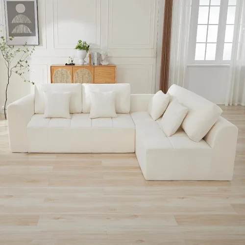 Vista 9 de Sofás seccionales modulares de 110 pulgadas para sala de estar, sofá seccional comprimido sin hueso, sofá de espuma viscoelástica tapizado de 3 Beige