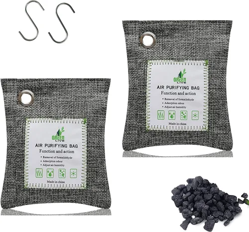 Vista 2 de Bolsas de carbón de bambú absorbentes de olores, 2 paquetes de 3.53 oz de bolsas desodorantes de carbón con ganchos, carbón de bambú natural, bolsas