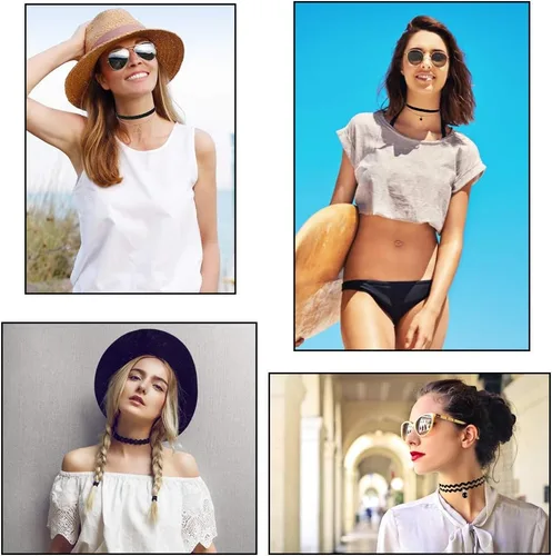 Vista 5 de Conjunto de collares gargantillas Outee, 9 piezas, color negro, gargantillas tatuaje de encaje para mujer