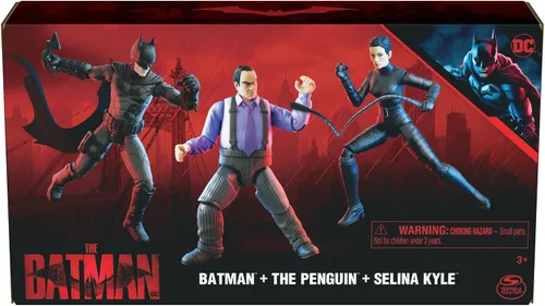 Vista 2 de DC Comics Batman - Paquete de 3 con figuras de acción exclusivas de Batman de 4 pies, Selina Kyle, el pingüino, 3 accesorios