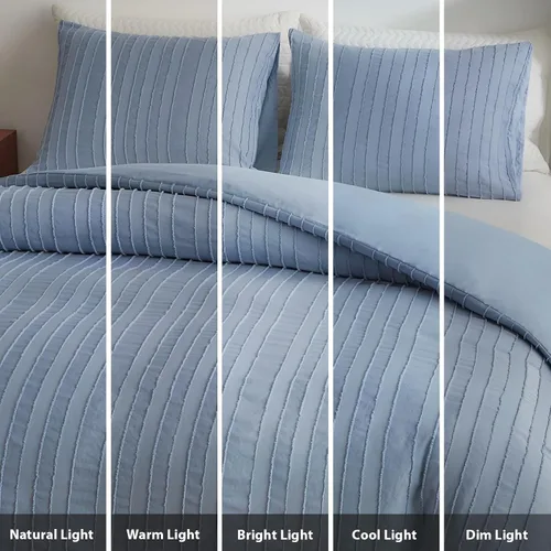 Vista 8 de WARMDERN Juego de funda de edredón a rayas azules, ropa de cama con textura bohemia acolchada con mechones, 2 piezas tamaño Twin de microfibra