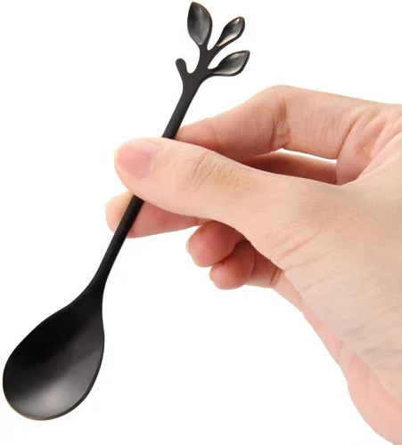 Vista 3 de AnSaw Juego de 10 mini cucharas y tenedores negros de 4.7 pulgadas, acero inoxidable, mango de hoja, ideal para café, té, aperitivos, degustaciones