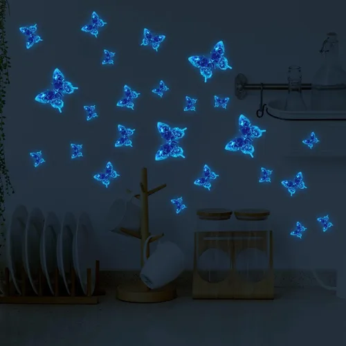 Vista 4 de Calcomanías de pared de mariposa que brillan en la oscuridad, calcomanías de pared de mariposa luminosas azules, calcomanías de pared para estilo 10