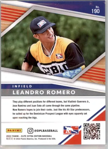 Vista 2 de 2022 Panini Elite Extra Edition Status Green #190 Leandro Romero SER/499 Dominican Prospect League Official Pre-MLB Prospect/Draft Baseball in Raw