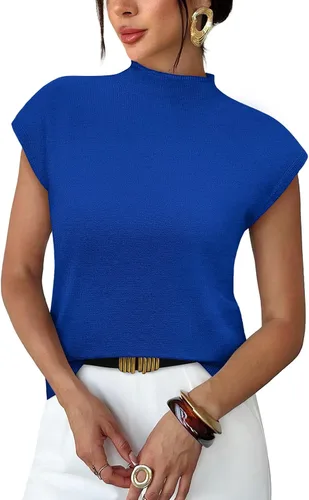 Vista 20 de Sampeel Suéter de manga corta para mujer, cuello alto, para verano, elegante, informal, básico, de punto