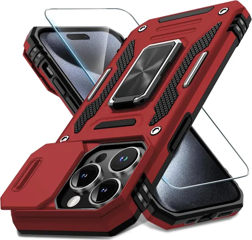 Vista 24 de DEERLAMN Funda para iPhone Xs Max con funda deslizante para cámara + protector de pantalla, soporte giratorio de anillo de grado militar a prueba
