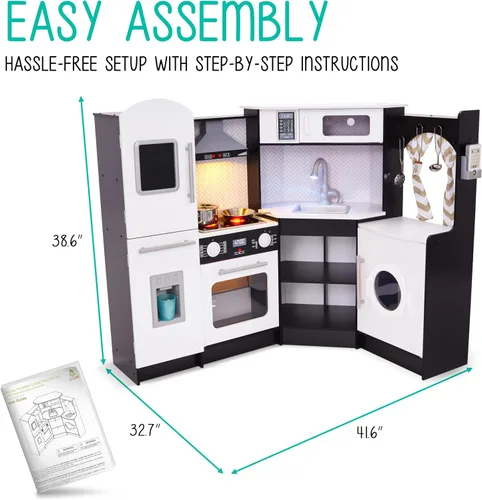 Vista 3 de Lil' Jumbl Juego de cocina de esquina para niños, cocina de lujo de madera de simulación, máquina de hielo a pilas, estufa y grifo con sonido Negro