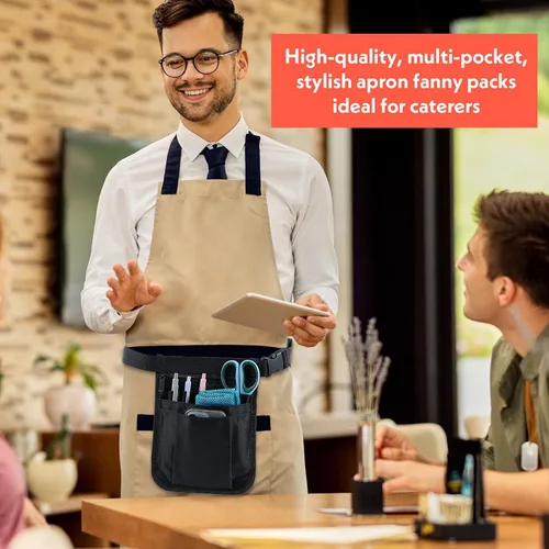 Vista 6 de Riñonera para servidor, delantal negro con múltiples bolsillos, accesorios para camarera de restaurante, cinturón ajustable, correa de cintura