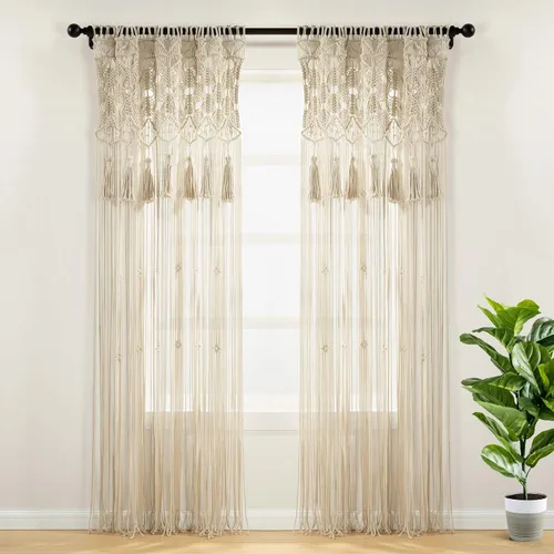 Vista 13 de Lush Decor Cenefa de algodón con borlas de macramé bohemio/cortina de cocina/decoración de pared, 30 pulgadas de largo x 40 pulgadas de ancho, gris