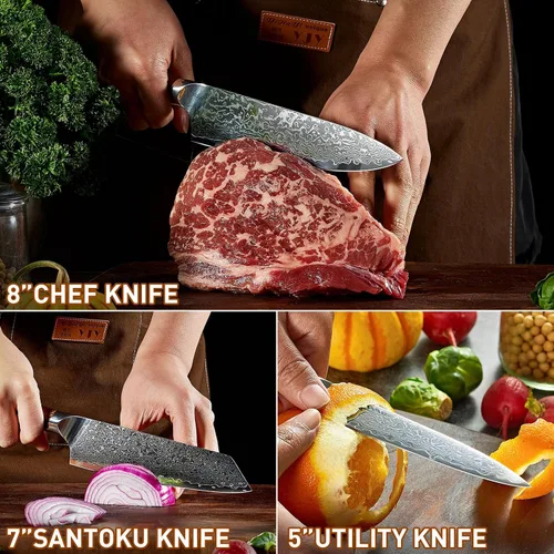 Vista 6 de Damasco - Juego de 3 cuchillos de cocina ultra afilados con núcleo de acero japonés VG-10, juego de cuchillos japoneses profesionales de acero