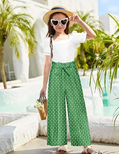 Vista 55 de DONWEN Conjunto de 3 piezas de ropa para niñas pequeñas y niñas con cuello cuadrado + pantalones elegantes + diadema para primavera y verano