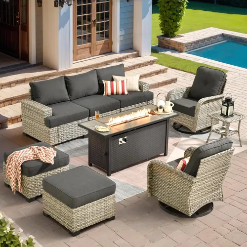 Vista 96 de HOOOWOOO Juego de Muebles Seccionales para Patio al Aire Libre, 6 Piezas Juegos de Conversación de Mimbre Sofá en Forma de L, Sofá Extra Profundo