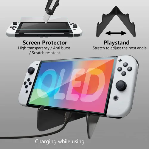Vista 5 de omarando TPU Case Cover Accessories Kit for Nintendo Switch (OLED Model),Shoulder Bag for Switch,with Tempered Glass Screen Protector ,Thumb Grip