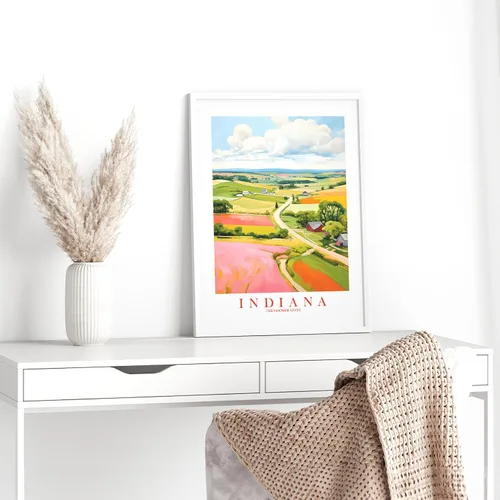 Vista 4 de ColorAndFlair Indiana Travel Print Hoosier State Souvenir Nature Green Pink Orange Wall Art Retro Poster Red Barn Landscape Painting (13x19 inches)