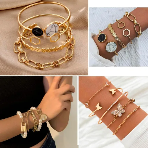 Vista 3 de KISS WIFE Christmas Golden Jewelry Set for Women with Multi Layered Necklaces, Stackable Bracelets, Knuckle Rings, Hoop Earrings, Fashion Outfit