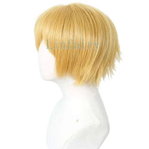 Vista 7 de Linfairy Peluca corta rubia para cosplay, disfraz de Halloween, peluca de gato para hombres Rubio