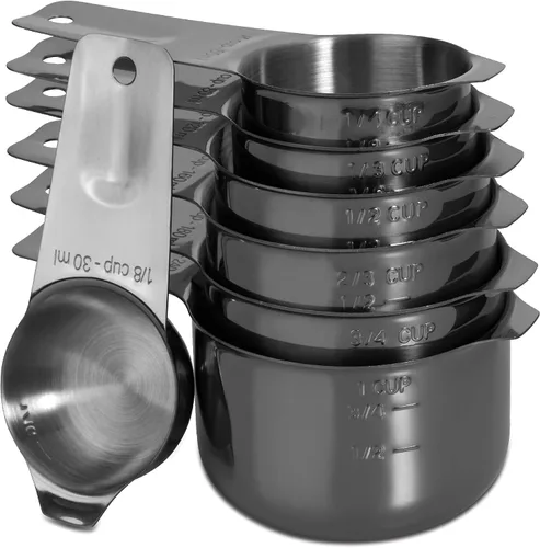 Vista 13 de Juego de 6 cucharas medidoras de acero inoxidable 18/8 precisas, resistente con buen mango, con conector de anillo, color gris oscuro