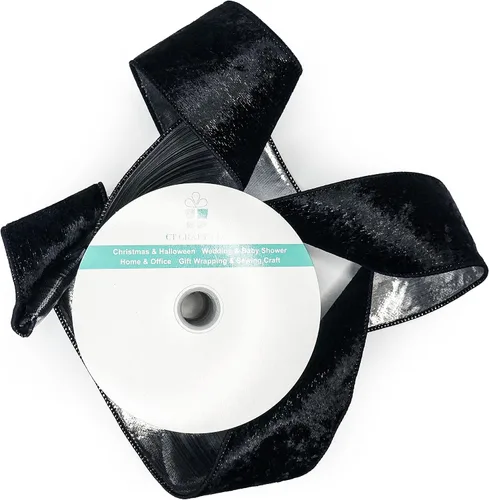 Vista 2 de Cinta de terciopelo negro con alambre y respaldo metálico plateado de 2.5 pulgadas x 10 yardas para adorno de la punta del árbol de Navidad