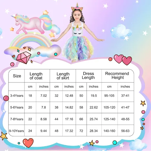 Vista 5 de Wish Care Vestido de unicornio para niñas de 3 a 10 años, vestido de tutú de unicornio con lentejuelas y arco iris, traje de fiesta de cumpleaños