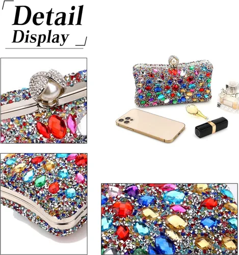 Vista 5 de Bolso de noche de diamantes de imitación para mujer, bolso de mano multicolor de lujo, bolso de boda nupcial