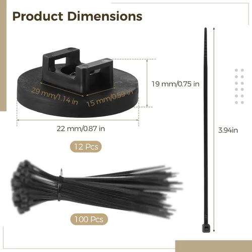 Vista 3 de Soportes magnéticos para bridas de cables, 12 bases magnéticas con 100 bridas para cables, organizador de gestión de cables multiusos para Negro