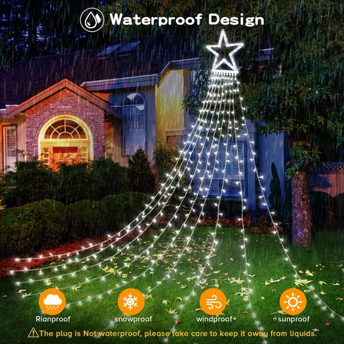 Vista 7 de BlcTec Luces de Navidad para exteriores, 317 luces LED de estrella de Navidad con 9 hebras de luces de árbol de cascada de 11.9 pies, 8 modos