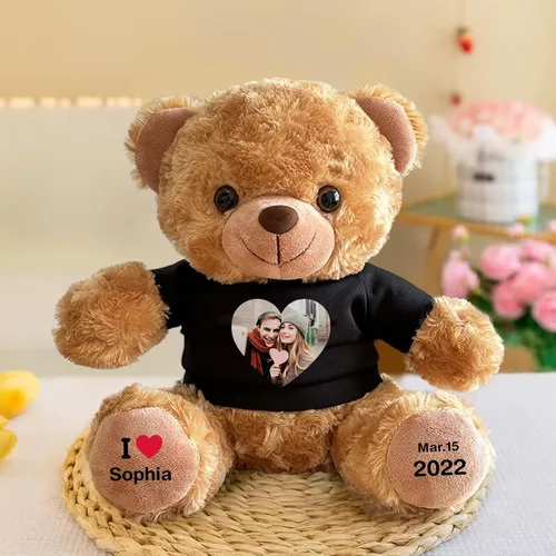 Vista 5 de Oso de peluche personalizado con fecha de texto de imagen, juguetes de peluche personalizados de 11 pulgadas, regalo para novia, novio, cumpleaños