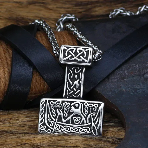 Vista 4 de Collar vikingo nórdico para hombres Thor Hammer Mjolnir Ship viking amuleto acero inoxidable colgante joyería con bolsa de regalo valknut, Acero