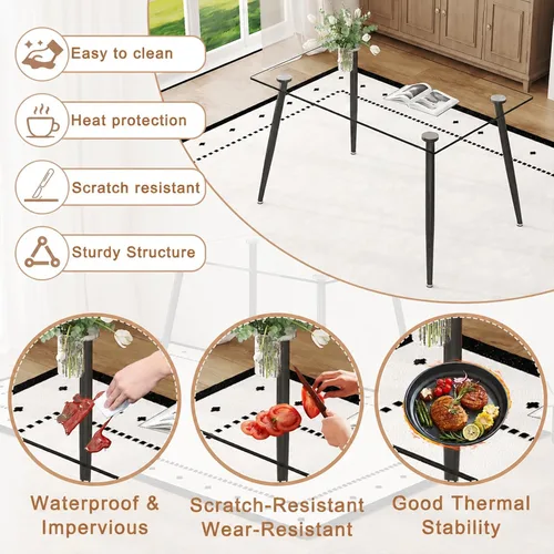 Vista 5 de Juego de mesa de comedor de vidrio Ebullient para 4, mesa de 51" de vidrio templado transparente con patas de metal negro y 4 sillas de acrílico